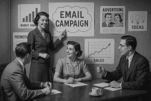 Retro-Meeting zum Thema "E-Mail-Kampagne". Marketing-Team bespricht Strategien für Mailchimp.