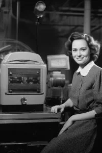 Frau im 50er-Jahre-Kleid sitzt an einem Vintage-Fernsehgerät.