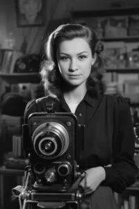 Fotografin mit Vintage-Kamera im Stil der 1940er Jahre