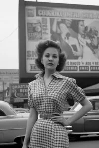 Frau aus den 50er Jahren im Gingham-Kleid steht vor einer Plakatwand.