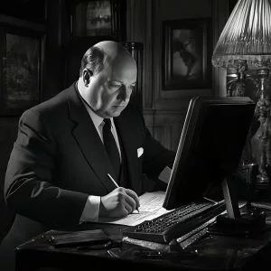 Seriöser Geschäftsmann überprüft an seinem Schreibtisch Dokumente und stellt die Zugänglichkeit der Website sicher.