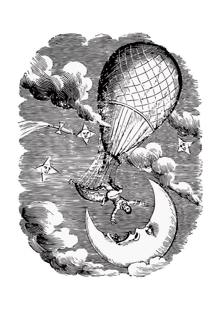 Ein Heißluftballon stürzt in der Nähe einer Mondsichel ab, ein Mann fällt aus den Trümmern.