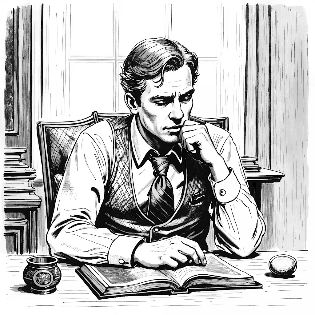 Nachdenklicher Mann in Weste liest Buch am Schreibtisch