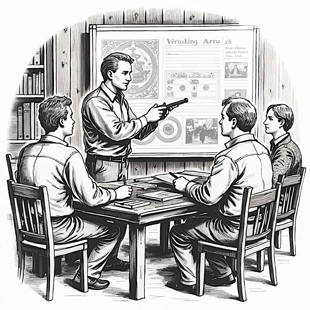 Vier Männer in einem Klassenzimmer, einer präsentiert eine Pistole und eine historische Karte