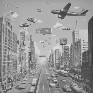 Retro-Straßenszene aus New York mit fliegenden Fahrzeugen und Social-Media-Symbolen; veranschaulicht schnelles Social-Media-Marketing.