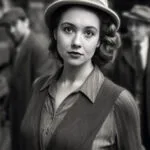Stilvolle Frau aus den 1940er Jahren mit Hut und Weste, Schwarz-Weiß-Porträt.