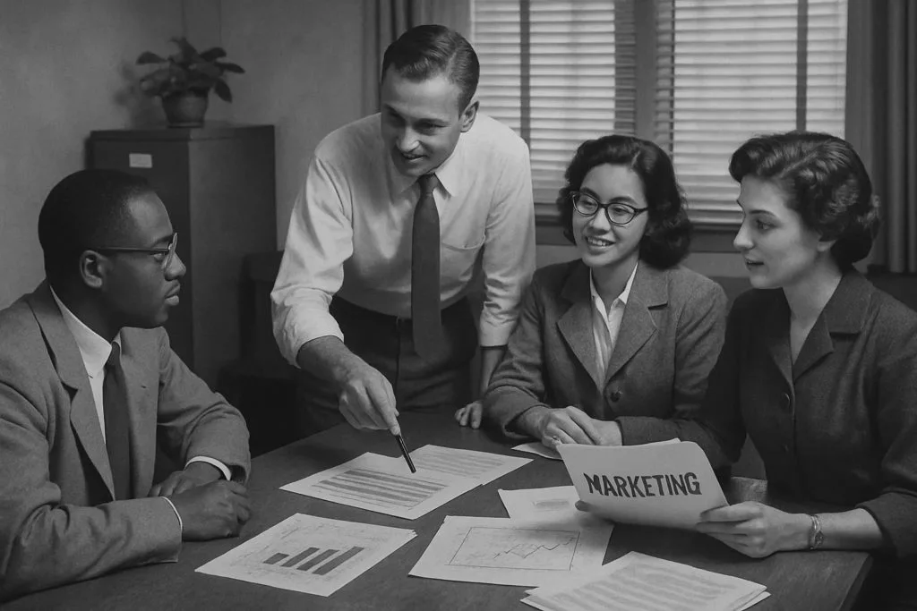 Marketing-Team bespricht Diagramme und Dokumente mit dem Wort "MARKETING".