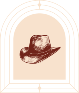 Brauner Cowboyhut mit breiter Krempe in einem Archiv-Stil-Rahmen