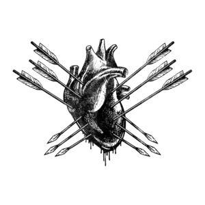 Von Pfeilen durchbohrtes Herz; Symbol für Herzschmerz oder Opfer.