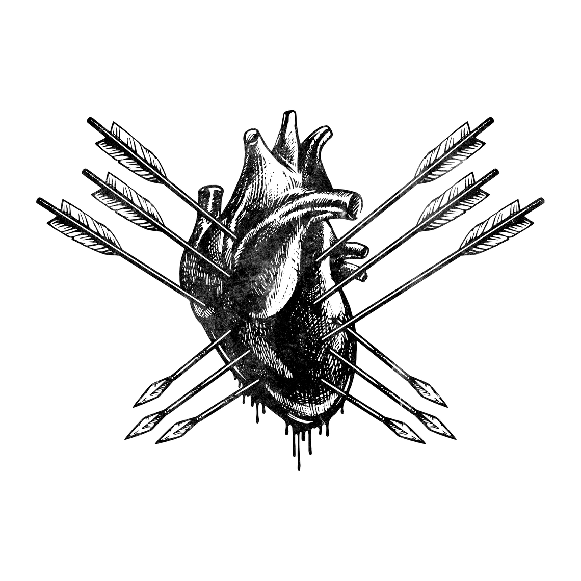 Von Pfeilen durchbohrtes Herz; Symbol für Herzschmerz oder Opfer.