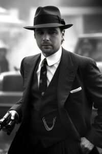 Ein Mann in einem Gangsteranzug aus den 1920er Jahren hält eine Pistole.