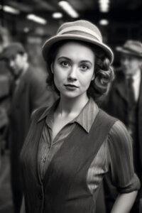Stilvolle Frau aus den 1940er Jahren mit Hut und Weste, Schwarz-Weiß-Porträt.
