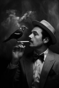 Mann mit Fedora raucht, Vogel thront auf Zigarette