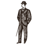 Ein adretter Herr im Nadelstreifenanzug und Bowlerhut, der einen Gehstock hält.