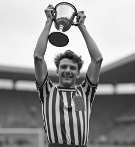 Glücklicher junger Sportler, der nach einem Sportsieg eine Trophäe hochhält.