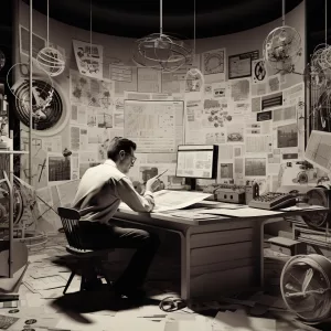 Mann arbeitet an einem überfüllten Schreibtisch, umgeben von Bauplänen und technischen Zeichnungen.