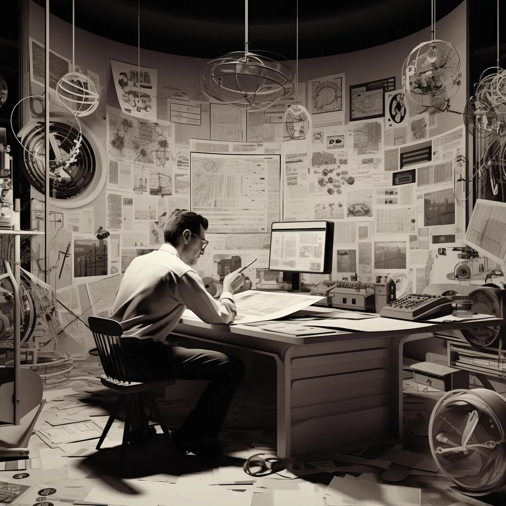 Mann arbeitet an einem überfüllten Schreibtisch, umgeben von Bauplänen und technischen Zeichnungen.