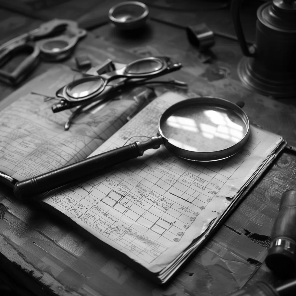 Vintage-Lupe auf einem Notizbuch mit handschriftlichen Notizen und einer Brille.