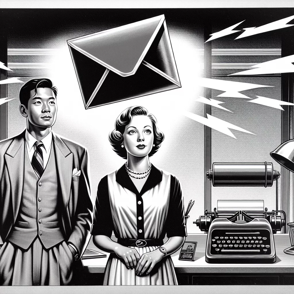 Retro-Illustration: Mann und Frau reagieren auf eine eingehende große E-Mail, symbolisiert E-Mail-Automatisierung für den Erfolg eines Online-Shops.
