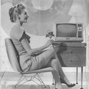 Frau im 50er-Jahre-Kleid sitzt neben einem Vintage-Fernseher.