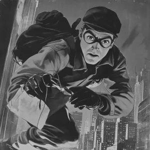 Eine schattenhafte Gestalt mit Handschuhen und Schutzbrille bewegt sich mit einer Tasche heimlich durch eine nächtliche Stadt. Prävention von Klickbetrug.