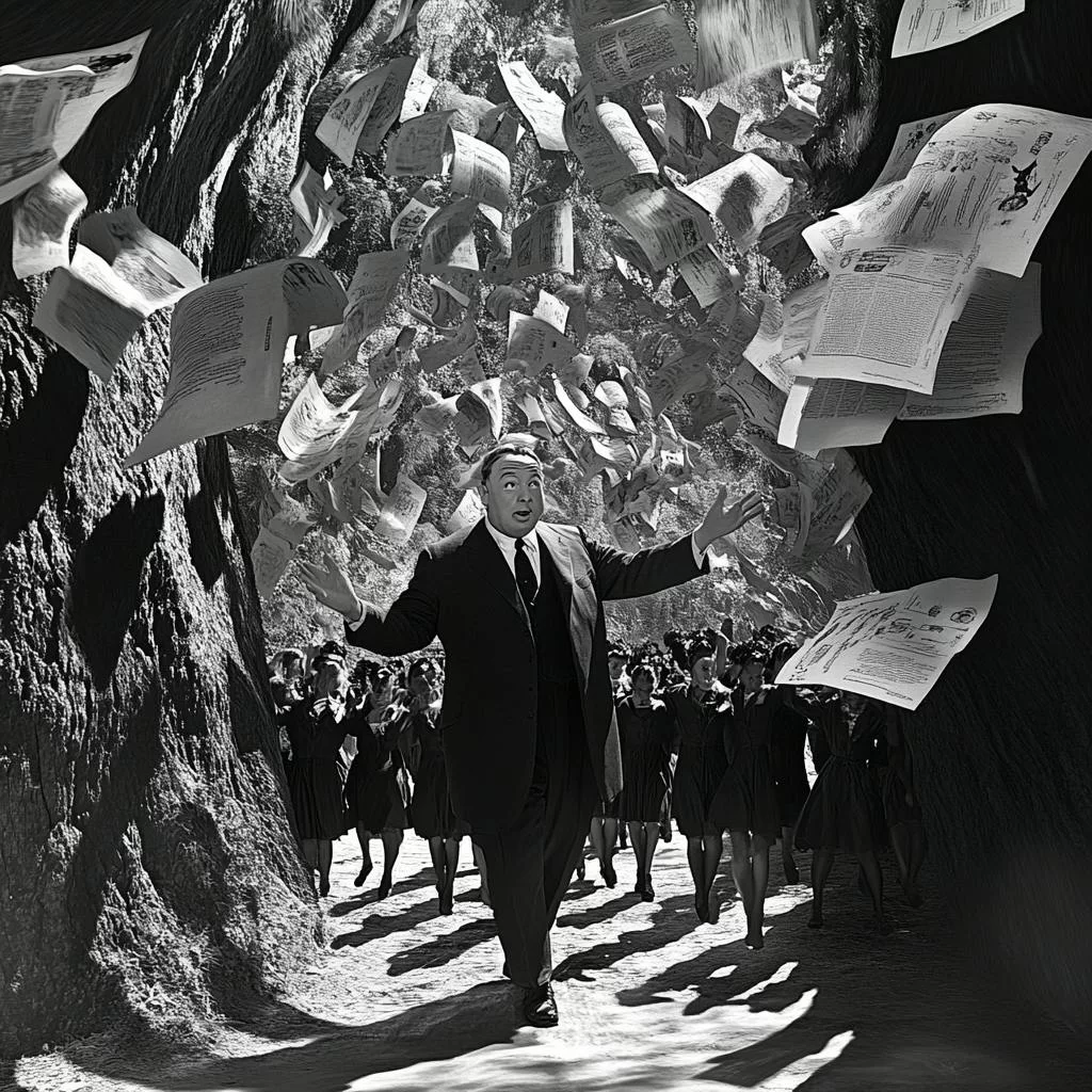 Mann im Anzug, umgeben von Schulmädchen, Papiere fliegen. Vorteile des Barrierefreiheitsstärkungsgesetzes.