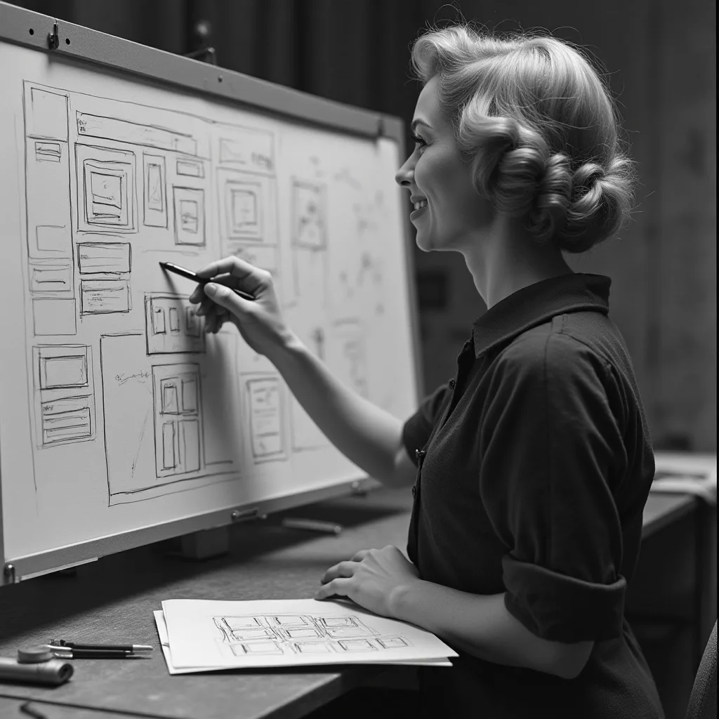 Frau skizziert Website-Design auf Whiteboard und plant barrierefreien Webshop.