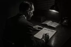 Mann prüft Inhalt barrierefreiheitserklärung am Schreibtisch im Lampenlicht. „RECHTSDOKUMENT“ ist sichtbar.