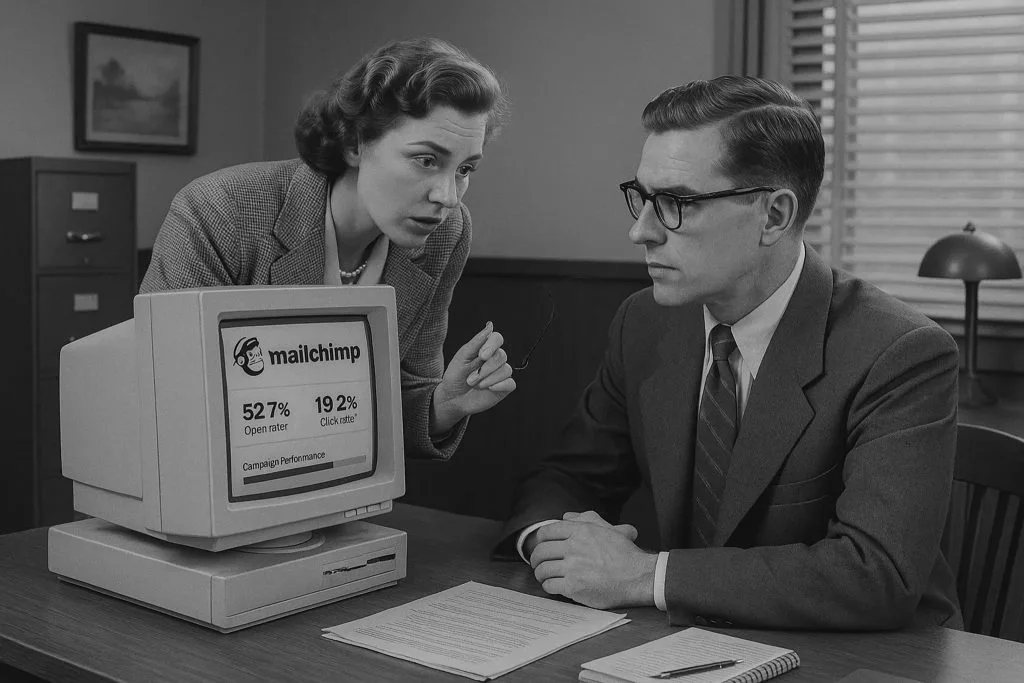 Retro-Darstellung von Mailchimp-Kampagnenperformance mit 52,7% Öffnungsrate und 19,2% Klickrate.