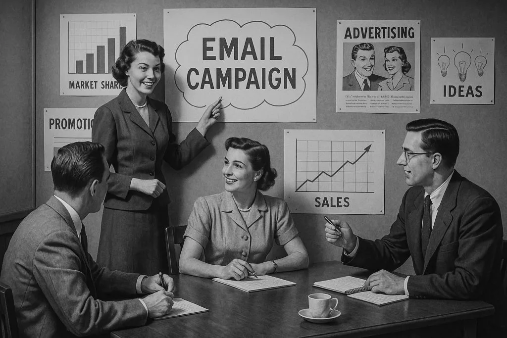 Retro-Meeting zum Thema "E-Mail-Kampagne". Marketing-Team bespricht Strategien für Mailchimp.
