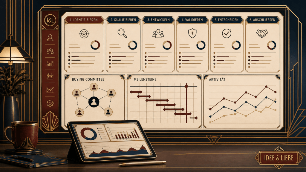 CRM-Strategie-Dashboard: Verkaufszyklus, Buying Committee, Meilensteine, Aktivitäten