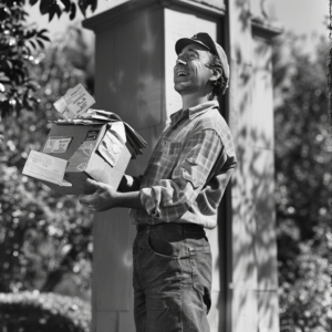Glücklicher Postbote mit einem Briefkasten. Erfolgreiche E-Mail-Marketingkampagnen liefern Ergebnisse.