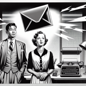 Retro-Illustration: Mann und Frau reagieren auf eine eingehende große E-Mail, symbolisiert E-Mail-Automatisierung für den Erfolg eines Online-Shops.