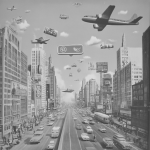 Retro-Straßenszene aus New York mit fliegenden Fahrzeugen und Social-Media-Symbolen; veranschaulicht schnelles Social-Media-Marketing.