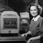 Frau im 50er-Jahre-Kleid sitzt an einem Vintage-Fernsehgerät.