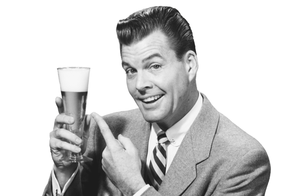 Lächelnder Mann im Anzug hält ein Bier in der Hand, Stil der Mitte des Jahrhunderts.
