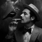 Mann mit Fedora raucht, Vogel thront auf Zigarette