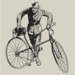 Mann läuft mit Vintage-Fahrrad, Design aus dem frühen 20. Jahrhundert