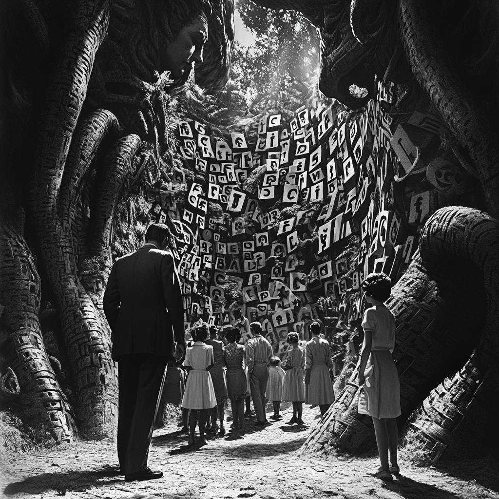 Surreales Schwarzweißfoto von Kindern und einem Erwachsenen, die durch einen Tunnel aus Buchstaben gehen und das Konzept der Zugänglichkeit und Inklusion veranschaulichen.
