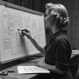 Frau skizziert Website-Design auf Whiteboard und plant barrierefreien Webshop.