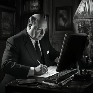 Seriöser Geschäftsmann überprüft an seinem Schreibtisch Dokumente und stellt die Zugänglichkeit der Website sicher.