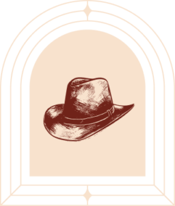 Brauner Cowboyhut mit breiter Krempe in einem Archiv-Stil-Rahmen